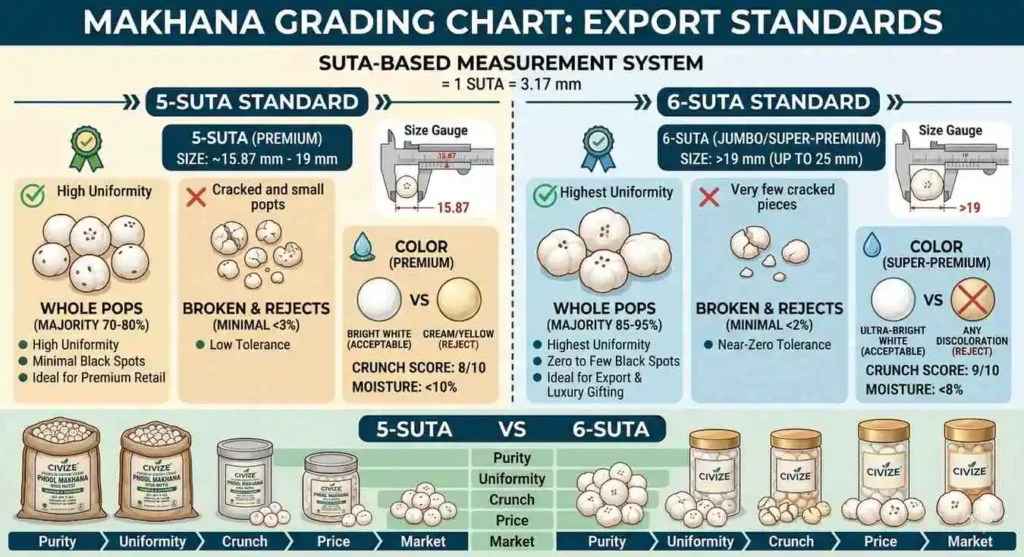Makhana grading chart showing 5-suta and 6-suta export standards