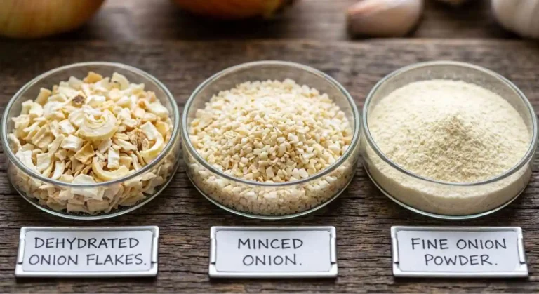 Different cuts and mesh sizes of dehydrated onion powder and flakes for wholesale export
