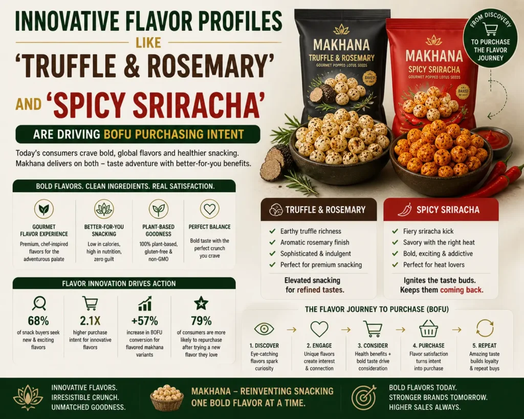 Innovative flavor profiles like 'Truffle & Rosemary' and 'Spicy Sriracha' are driving BOFU purchasing intent.