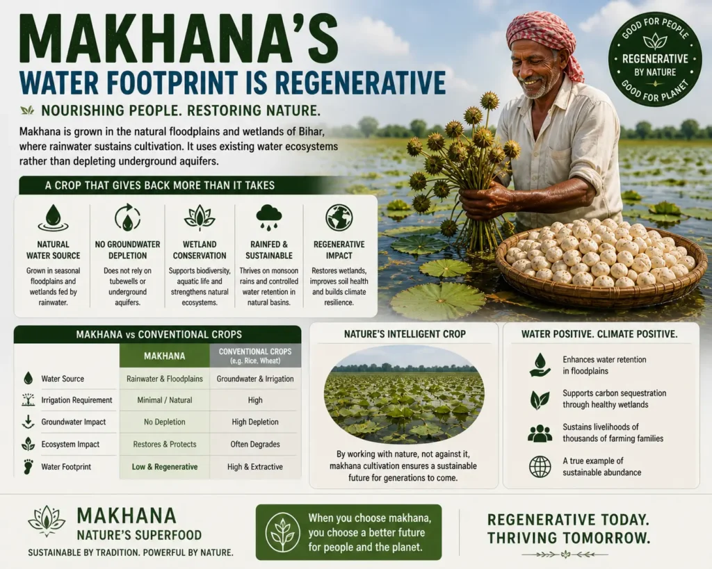 Makhana’s water footprint is regenerative, utilizing existing floodplains and wetlands rather than depleting underground aquifers.