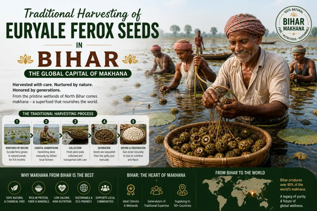 Traditional harvesting of Euryale ferox seeds in Bihar, the global capital of makhana.