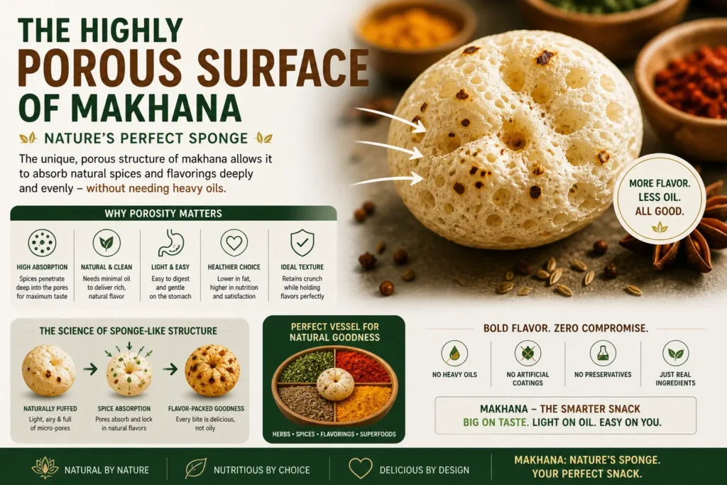 The highly porous surface area of makhana makes it an incredible vessel for natural spices and flavorings without requiring heavy oils.