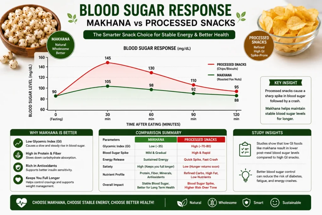 Blood sugar response graph comparing makhana to processed snacks